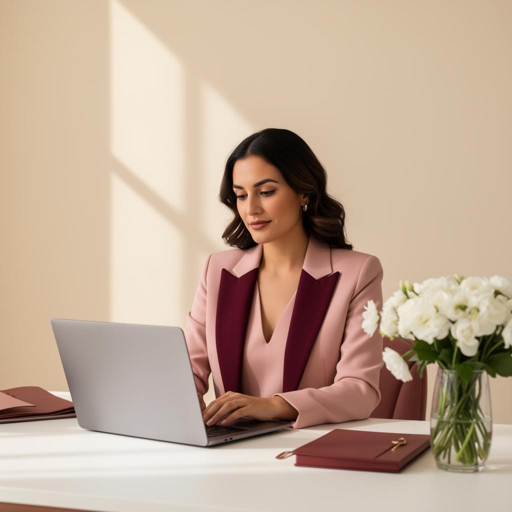 Empresaria hispana trabajando en su laptop en una oficina elegante